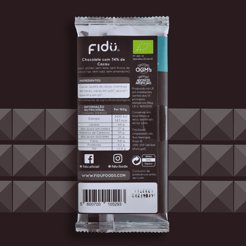 Chocolate 74% Cacau BIO 70g - Fidu | Alimentos inclusivos